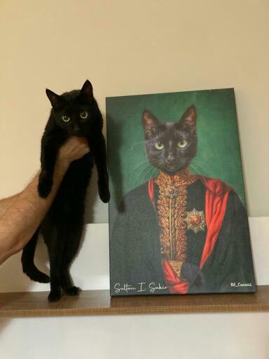 Osmanlı Paşa Sultan kostümlü siyah kedi tablosu